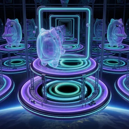 Infinite mirror hall of SOLADA mascots on launch platforms