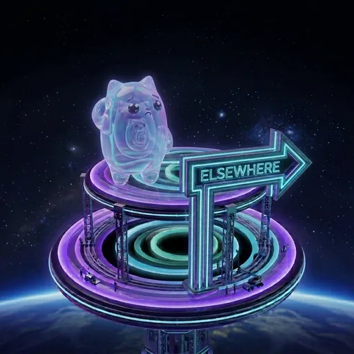 The jelly mascot stares sadly at a sign pointing ELSEWHERE